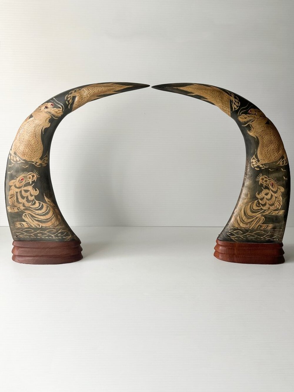 Vintage Hand-Carved Water Buffalo Horn Pair 14"H Dragon Tiger Design Asian Decor